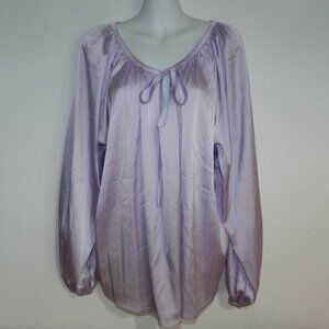 Pale lavender scoop neck self tie long balloon sleeve satiny flowy blouse, XXL